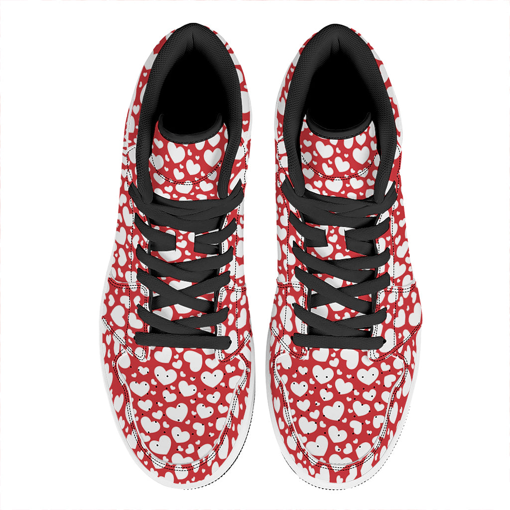 White And Red Heart Pattern Print High Top Leather Sneakers