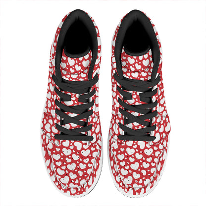 White And Red Heart Pattern Print High Top Leather Sneakers