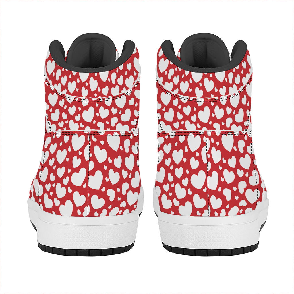 White And Red Heart Pattern Print High Top Leather Sneakers