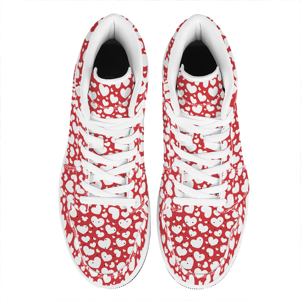 White And Red Heart Pattern Print High Top Leather Sneakers