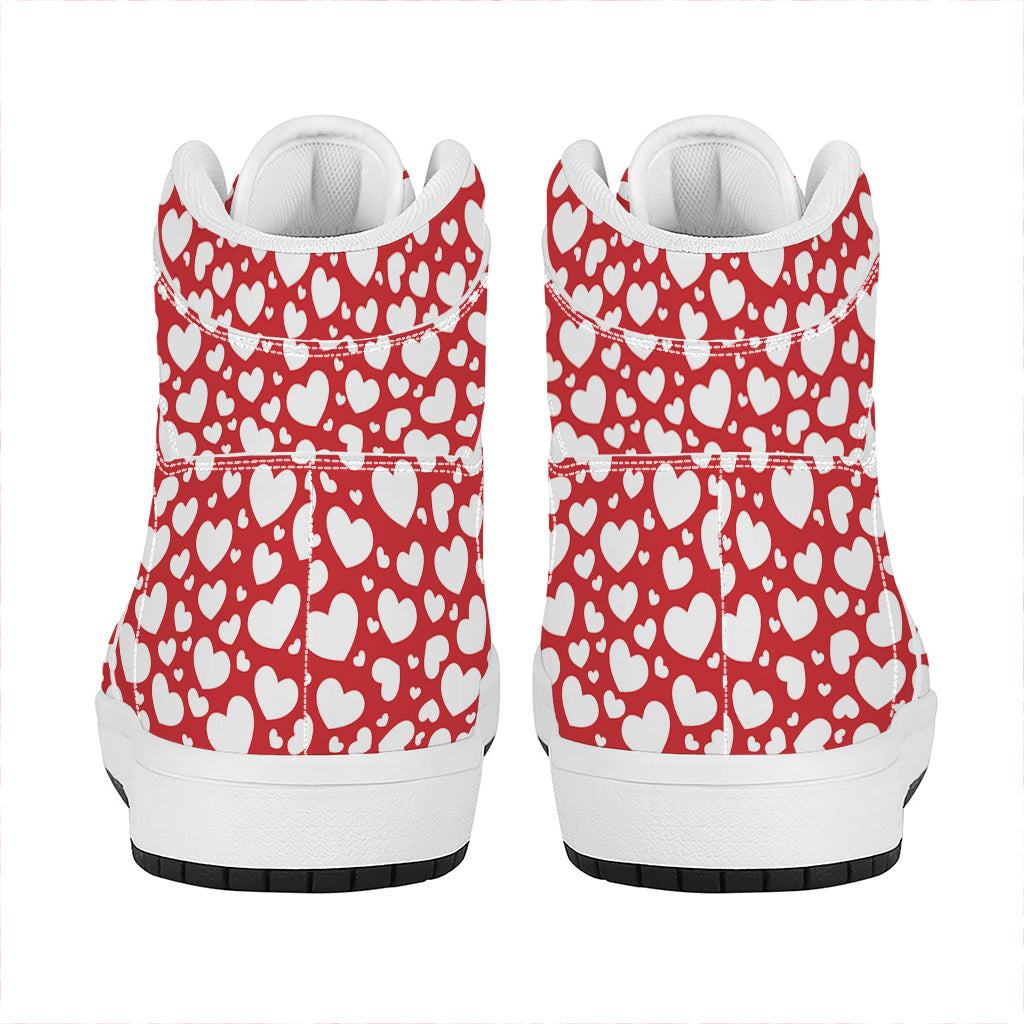 White And Red Heart Pattern Print High Top Leather Sneakers