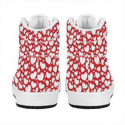White And Red Heart Pattern Print High Top Leather Sneakers