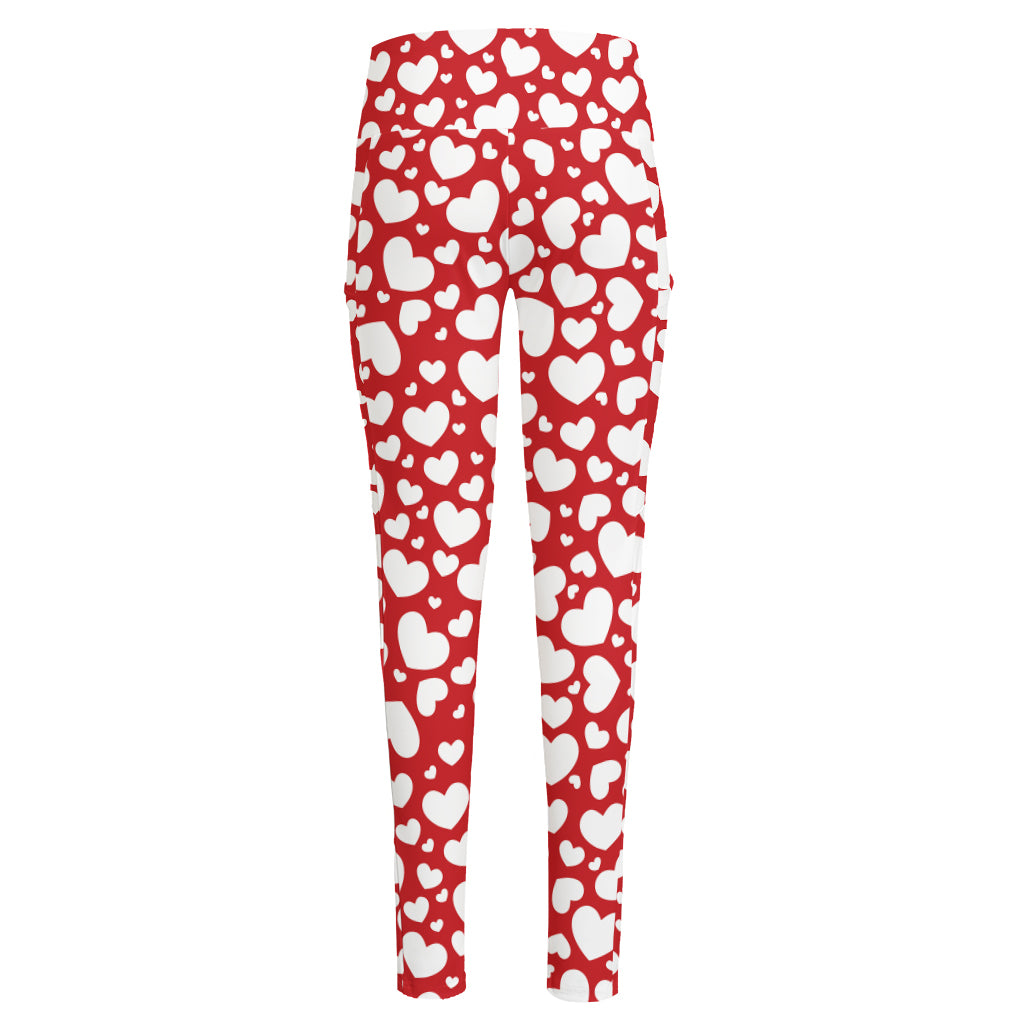 White And Red Heart Pattern Print High-Waisted Pocket Leggings