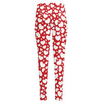 White And Red Heart Pattern Print High-Waisted Pocket Leggings