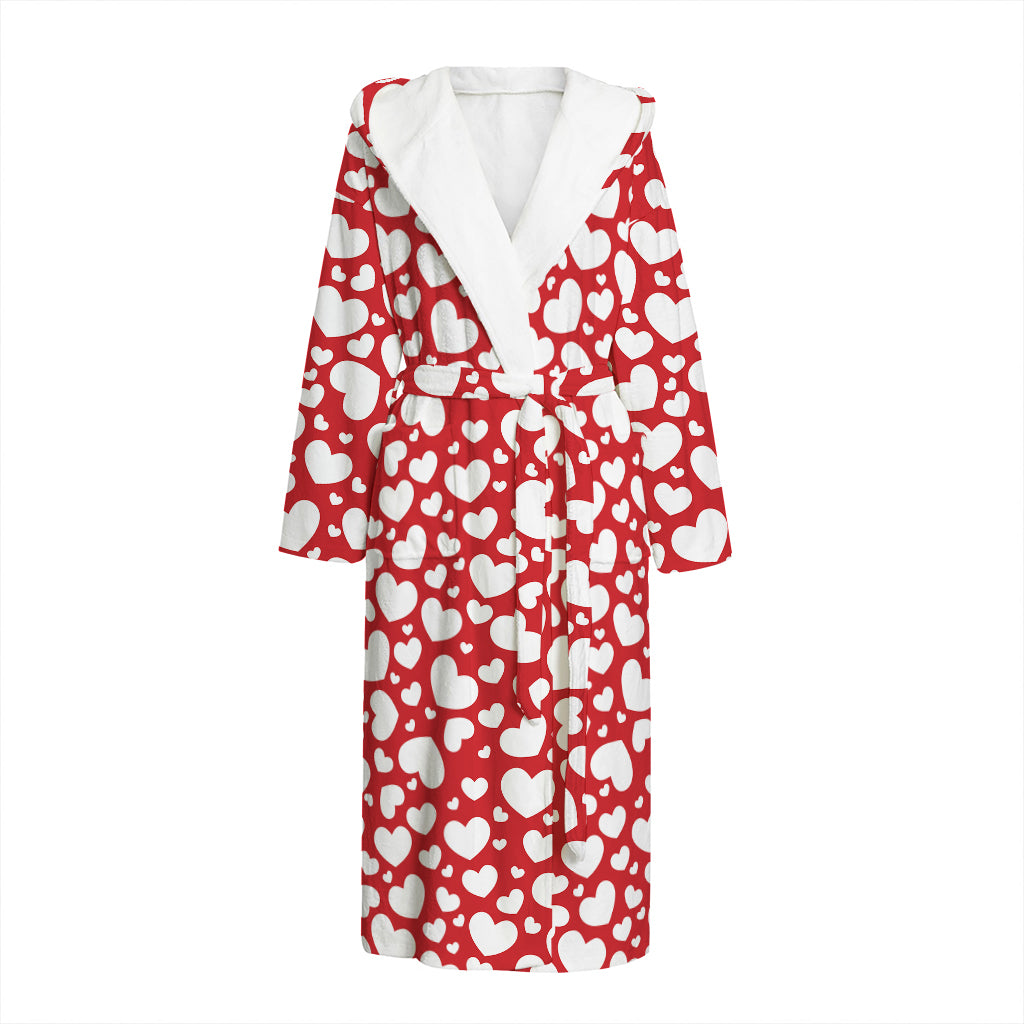 White And Red Heart Pattern Print Hooded Bathrobe