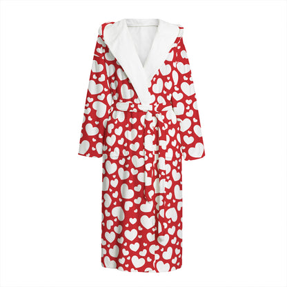 White And Red Heart Pattern Print Hooded Bathrobe