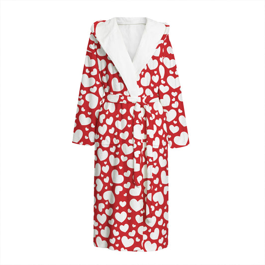 White And Red Heart Pattern Print Hooded Bathrobe