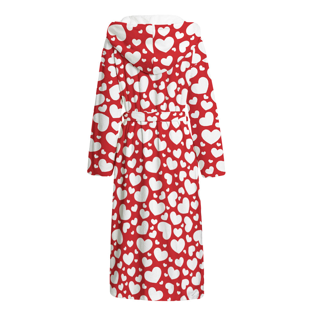 White And Red Heart Pattern Print Hooded Bathrobe