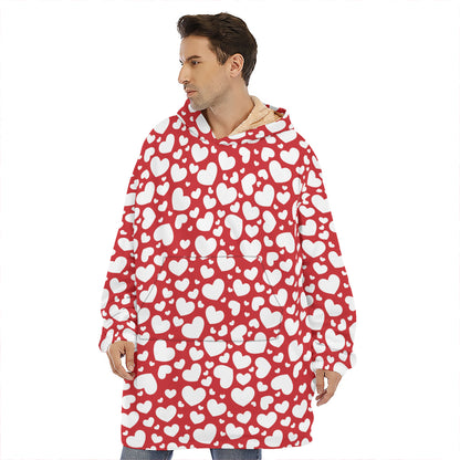 White And Red Heart Pattern Print Hoodie Blanket