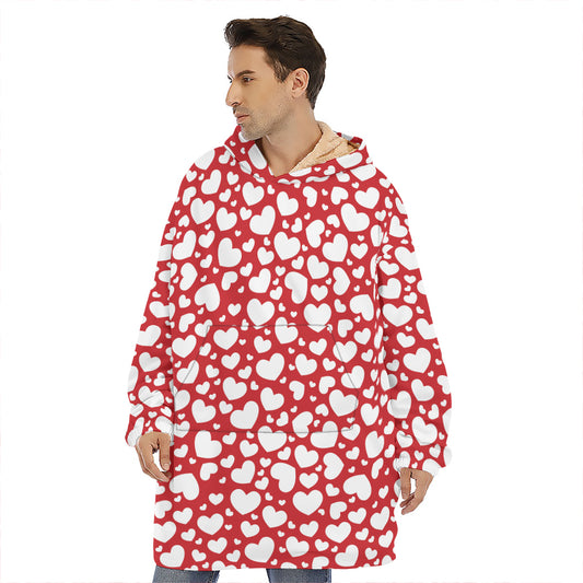 White And Red Heart Pattern Print Hoodie Blanket