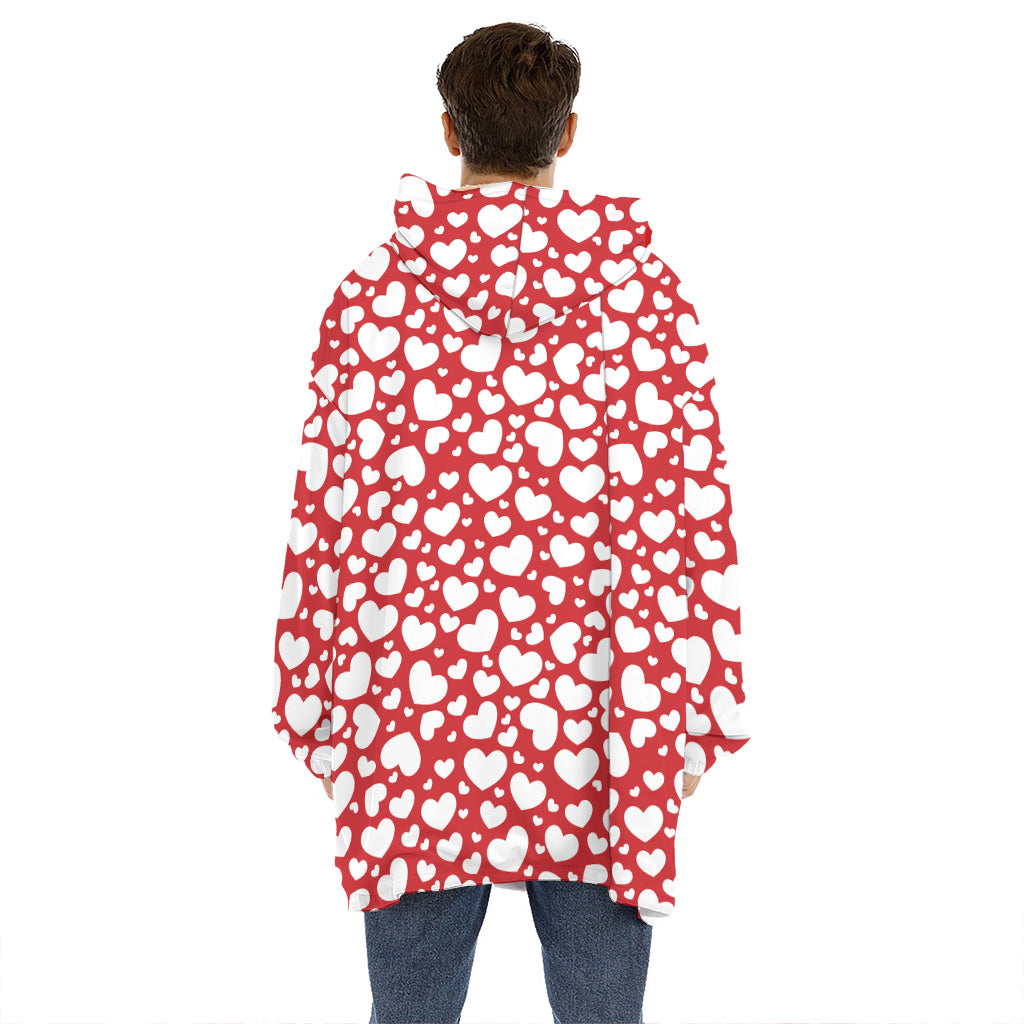 White And Red Heart Pattern Print Hoodie Blanket