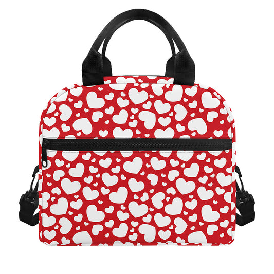 White And Red Heart Pattern Print Insulated Lunch Bag