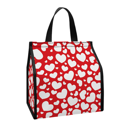 White And Red Heart Pattern Print Insulated Lunch Tote