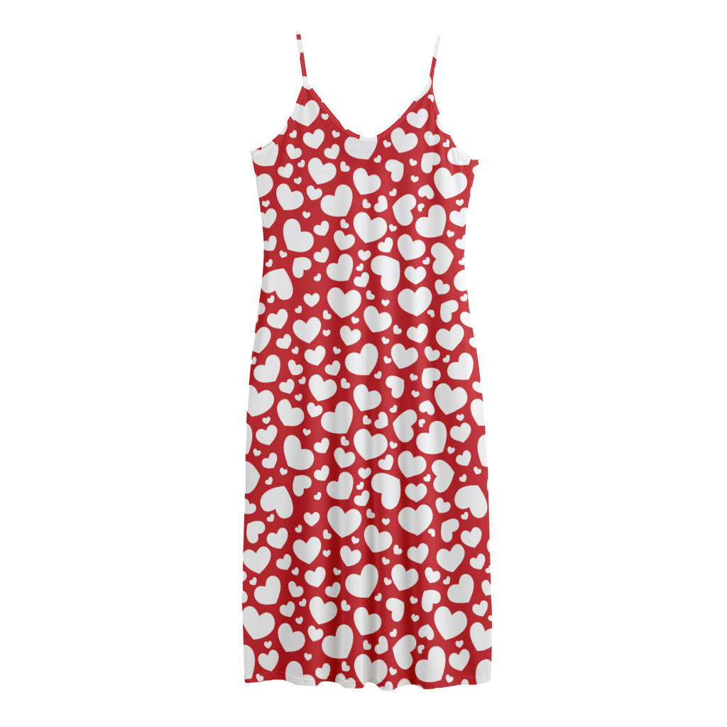 White And Red Heart Pattern Print Jersey Midi Cami Dress