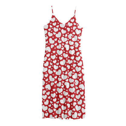 White And Red Heart Pattern Print Jersey Midi Cami Dress