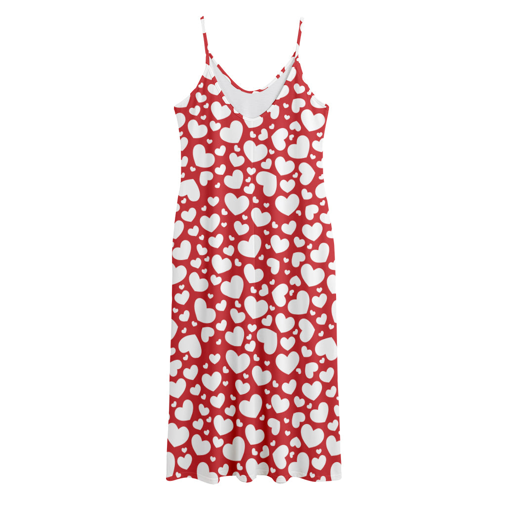 White And Red Heart Pattern Print Jersey Midi Cami Dress