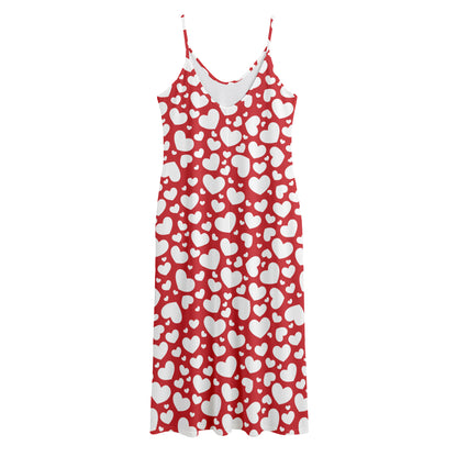 White And Red Heart Pattern Print Jersey Midi Cami Dress