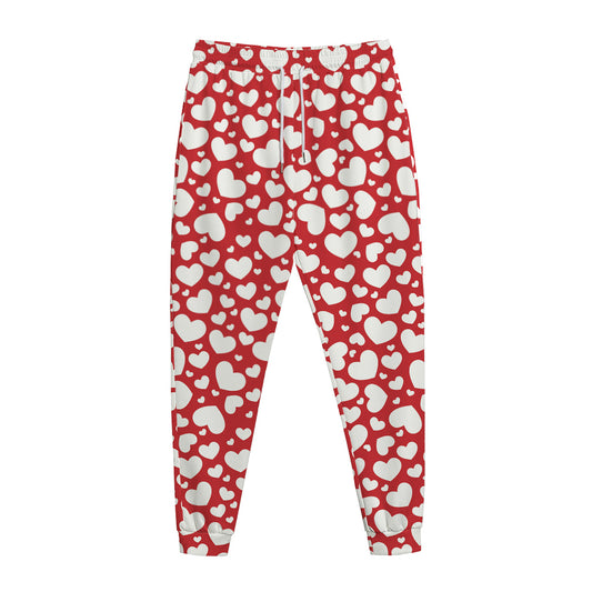 White And Red Heart Pattern Print Jogger Pants