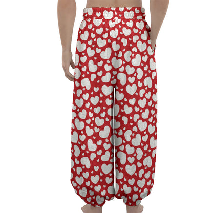 White And Red Heart Pattern Print Lantern Pants