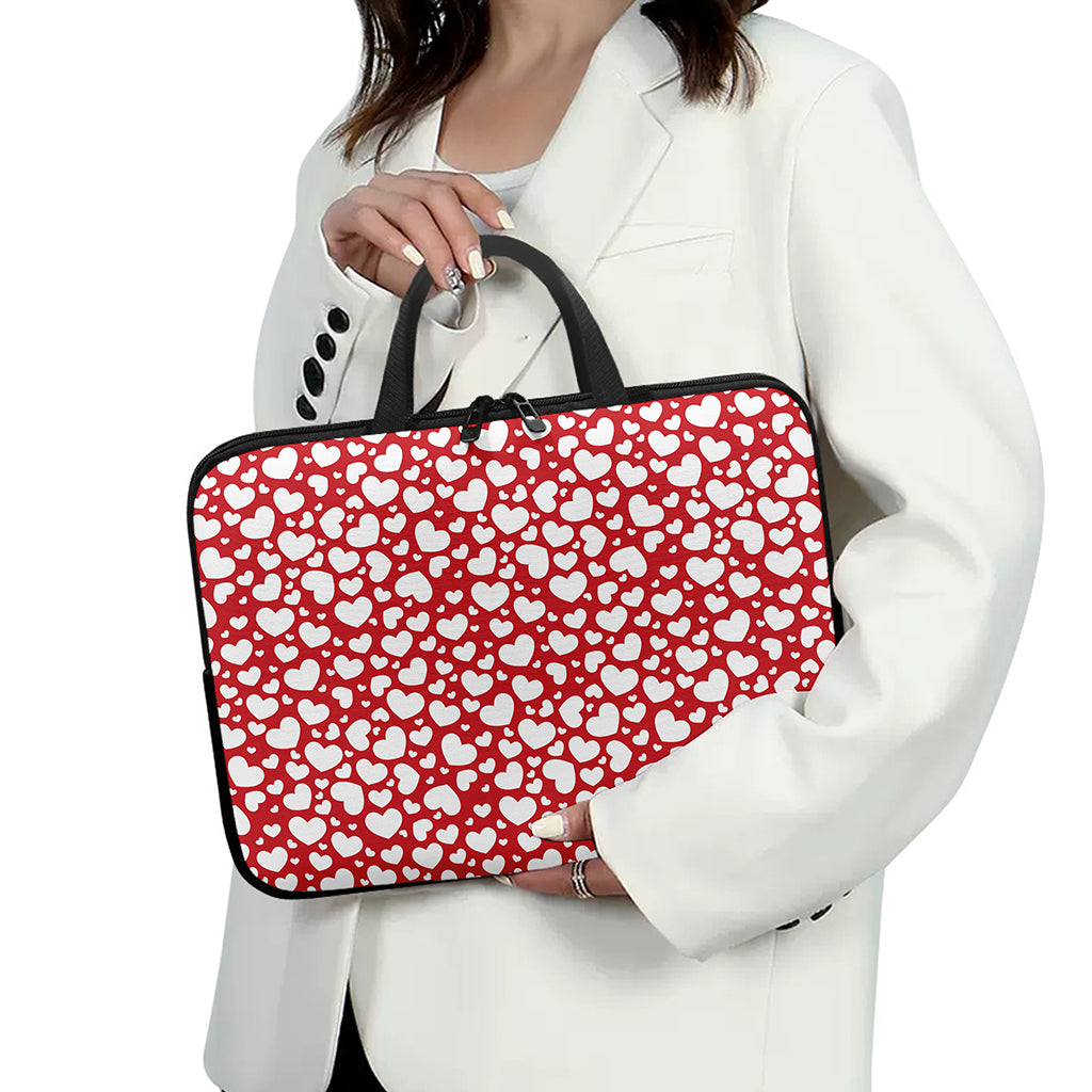 White And Red Heart Pattern Print Laptop Sleeve With Handle