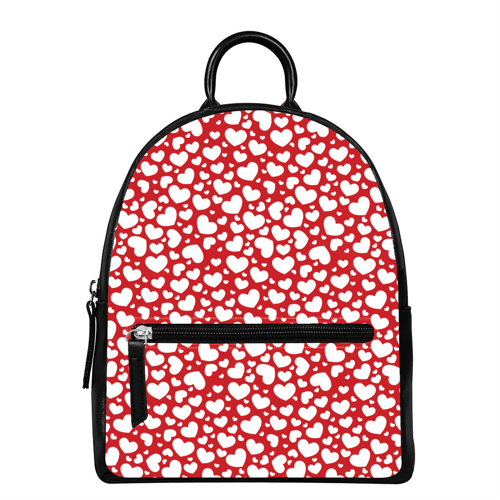 White And Red Heart Pattern Print Leather Backpack