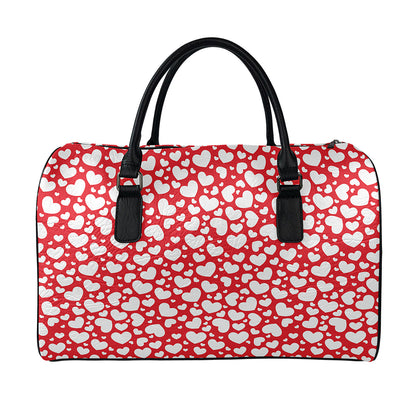White And Red Heart Pattern Print Leather Duffle Bag