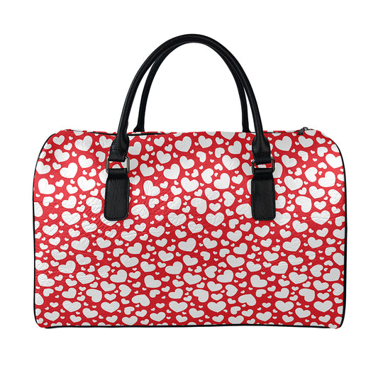 White And Red Heart Pattern Print Leather Duffle Bag