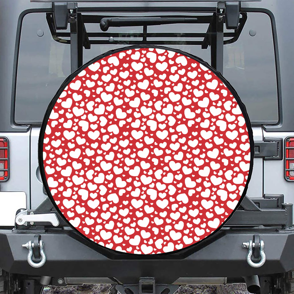 White And Red Heart Pattern Print Leather Spare Tire Cover