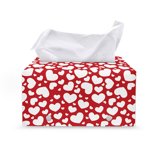 White And Red Heart Pattern Print Leather Tissue Box Cover