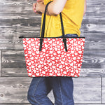 White And Red Heart Pattern Print Leather Tote Bag