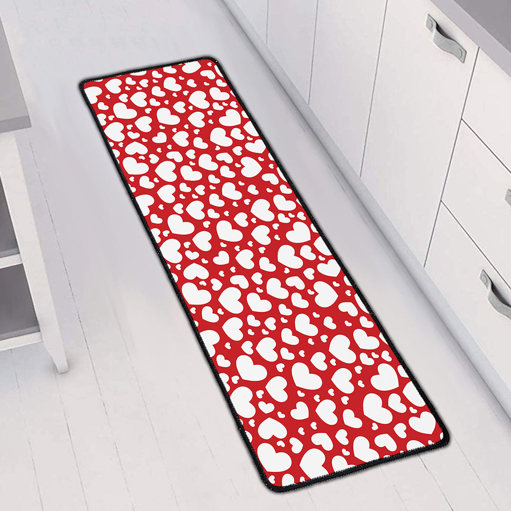 White And Red Heart Pattern Print Long Kitchen Mat