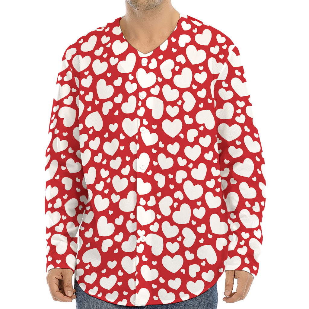 White And Red Heart Pattern Print Long Sleeve Baseball Jersey