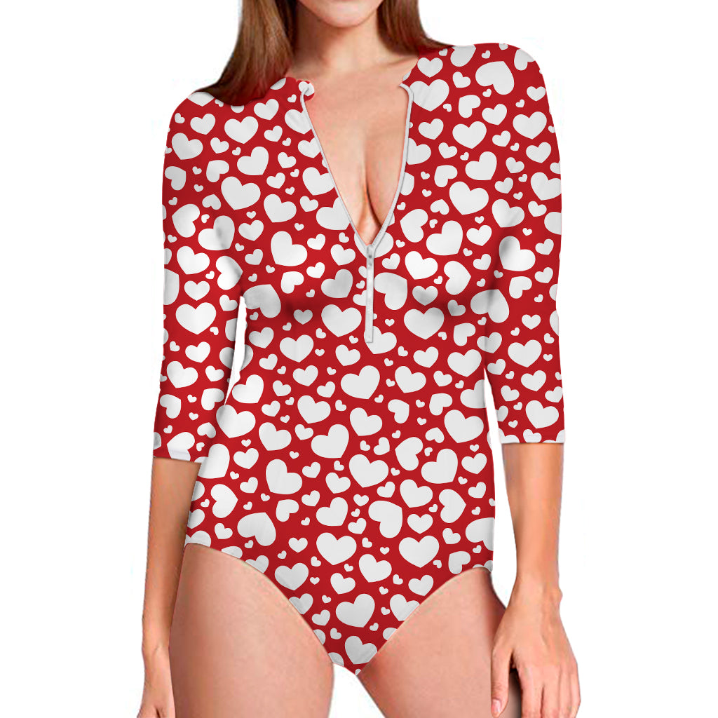 White And Red Heart Pattern Print Long Sleeve Swimsuit