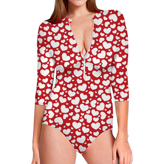 White And Red Heart Pattern Print Long Sleeve Swimsuit