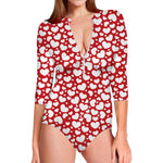 White And Red Heart Pattern Print Long Sleeve Swimsuit