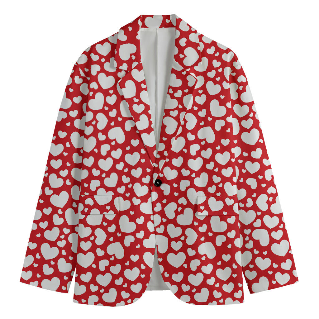 White And Red Heart Pattern Print Men's Blazer