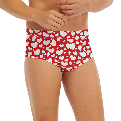White And Red Heart Pattern Print Men's Briefs