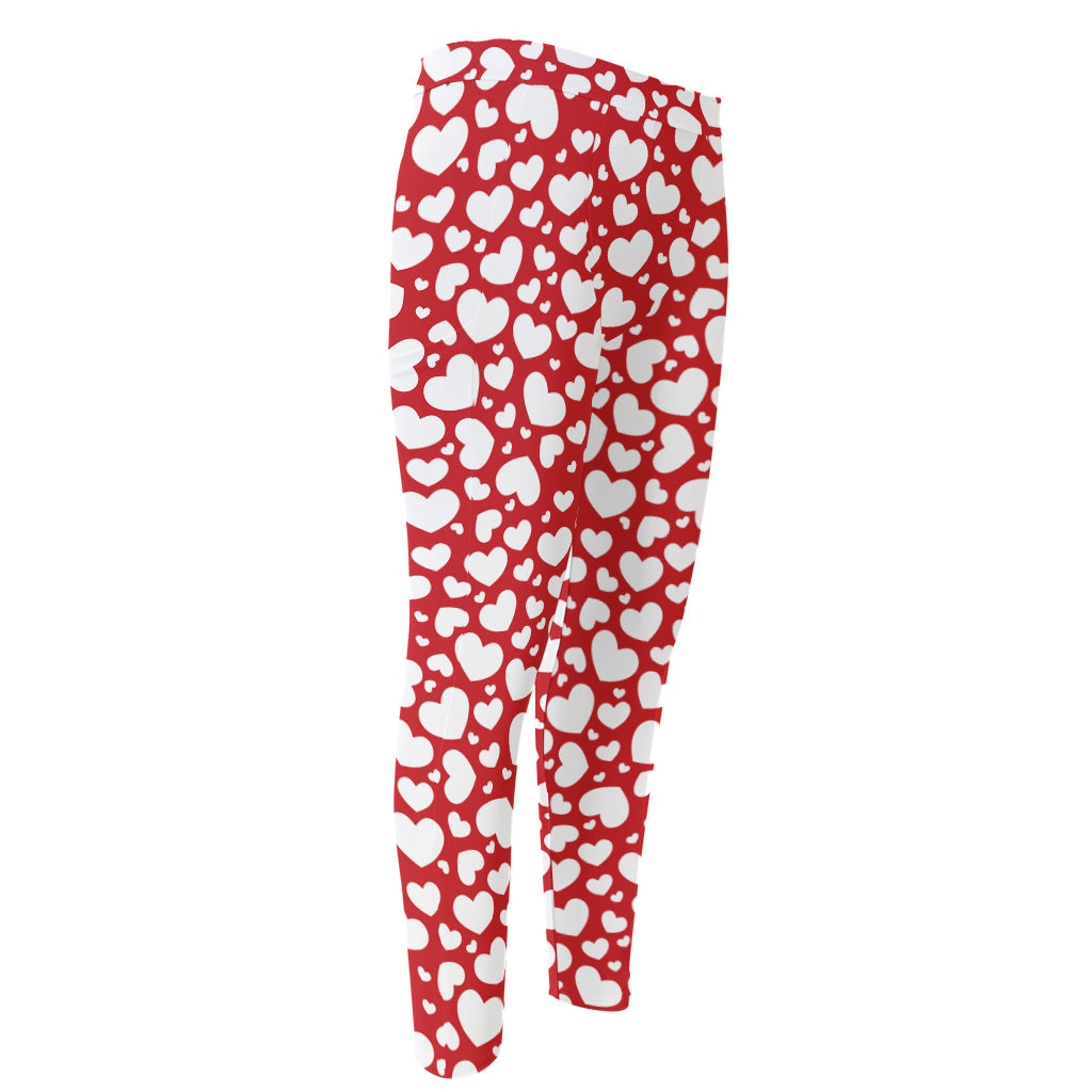 White And Red Heart Pattern Print Men's Compression Pants