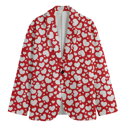White And Red Heart Pattern Print Men's Cotton Blazer