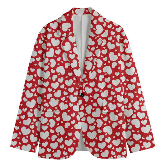 White And Red Heart Pattern Print Men's Cotton Blazer