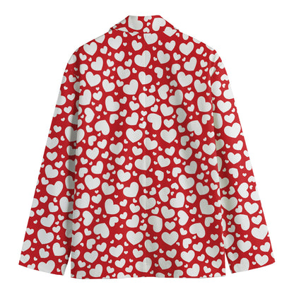 White And Red Heart Pattern Print Men's Cotton Blazer