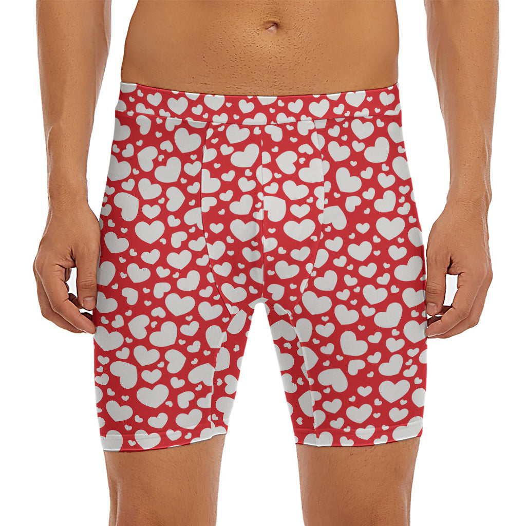 White And Red Heart Pattern Print Men's Long Boxer Briefs