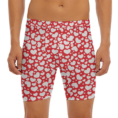 White And Red Heart Pattern Print Men's Long Boxer Briefs
