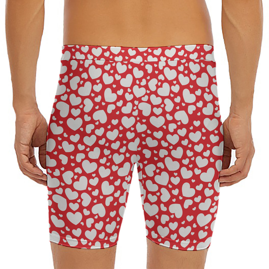 White And Red Heart Pattern Print Men's Long Boxer Briefs