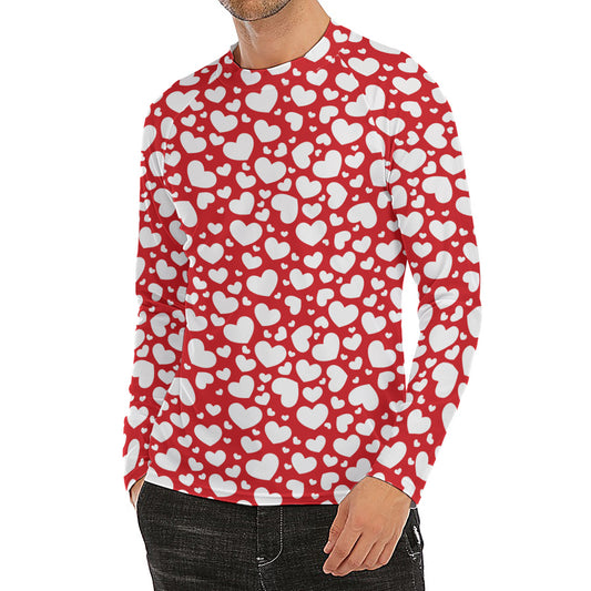White And Red Heart Pattern Print Men's Long Sleeve Rash Guard