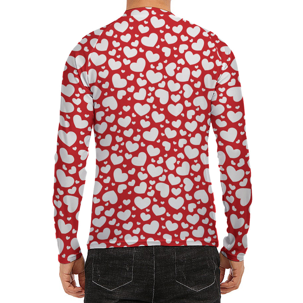 White And Red Heart Pattern Print Men's Long Sleeve Rash Guard