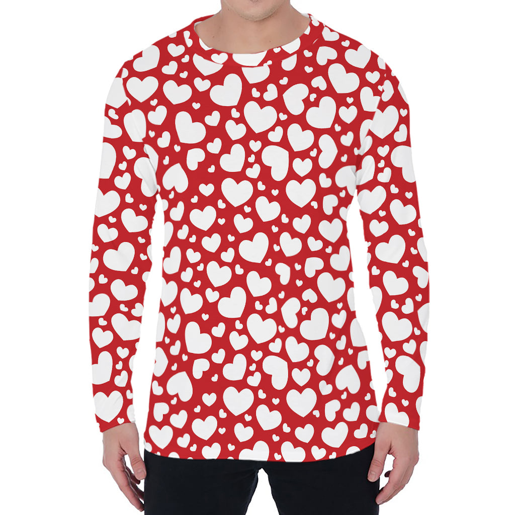 White And Red Heart Pattern Print Men's Long Sleeve T-Shirt