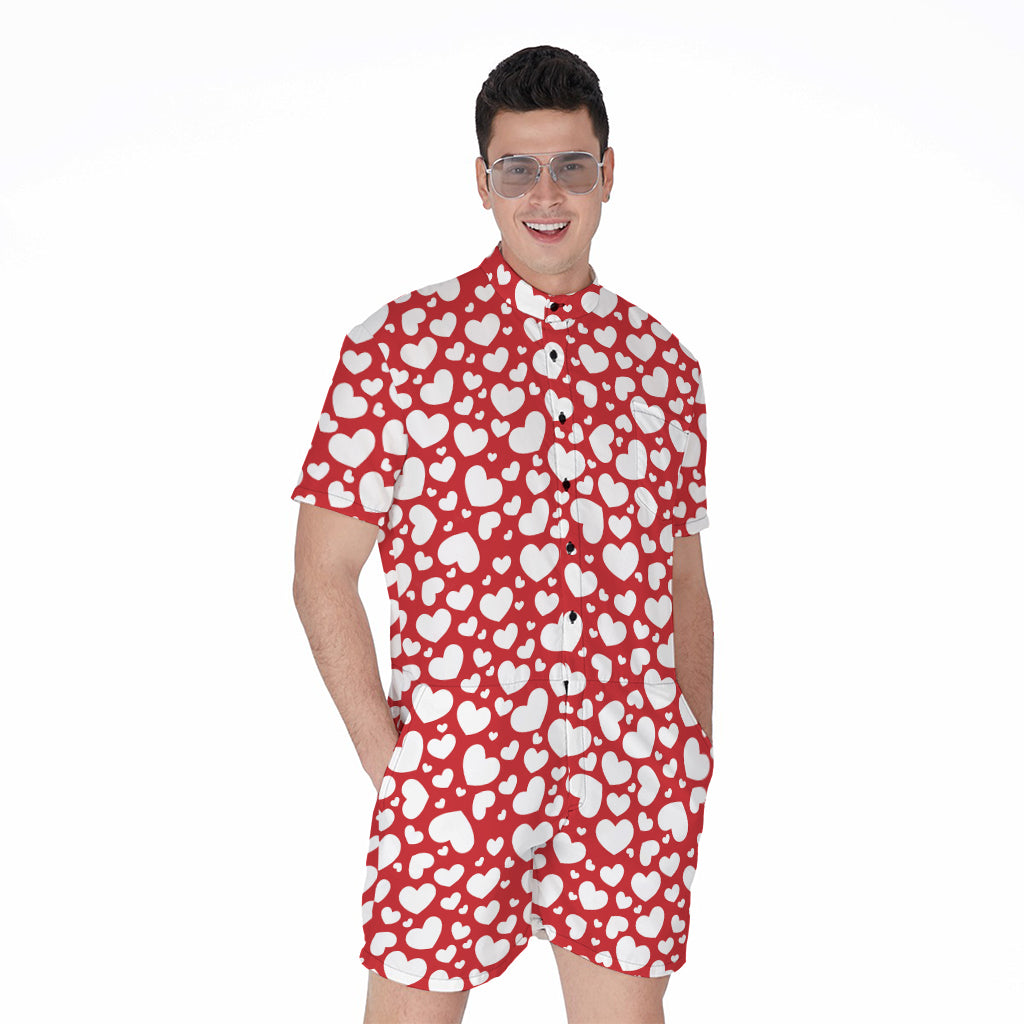 White And Red Heart Pattern Print Men's Rompers