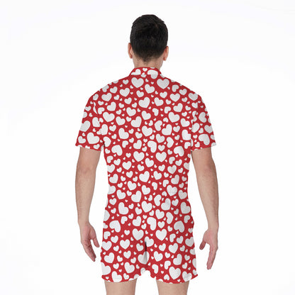 White And Red Heart Pattern Print Men's Rompers