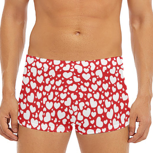 White And Red Heart Pattern Print Men's Short Boxer Briefs